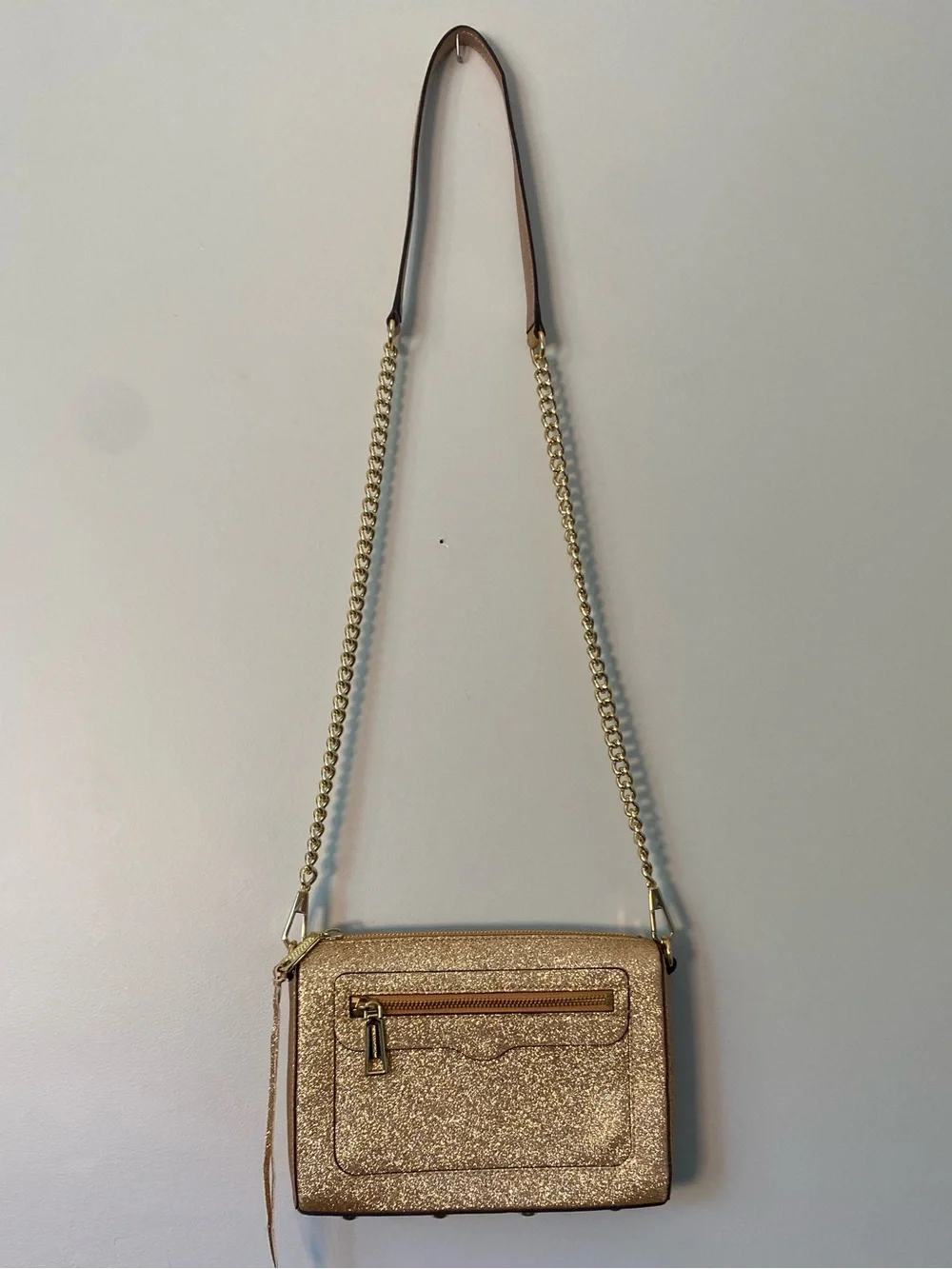 REBECCA MINKOFF LEATHER GLITTER AVERY CROSSBODY ROSE GOLD